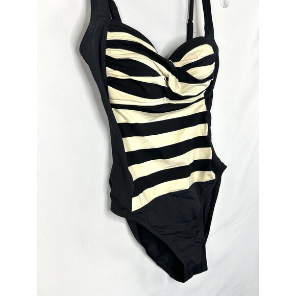 La Blanca One Piece Swimsuit Classic Black  Beige Striped Sweetheart Cup Sz 6 - Picture 3 of 7